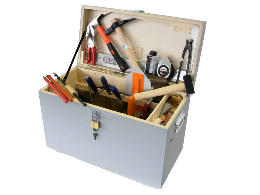 Maurer-Werkzeugkiste Holz komplett, mit 35 Werkzeugen